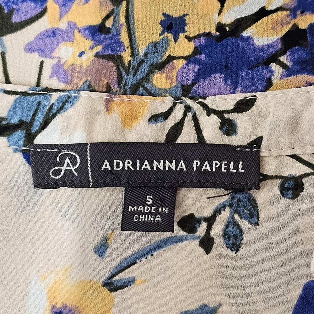 Adrianna Papell Blouse Womens Small Floral V Neck Long Sleeve Blue Yellow Top - Picture 8 of 11